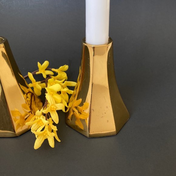 MCM Taper Candlestick Holders of Heavy Polished Brass Minimalistic Danish Design - Picture 7 of 16